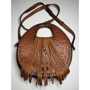 Ostrich/Alligator Round Fringe Faux Leather Cross Body Saddle Purse Brown